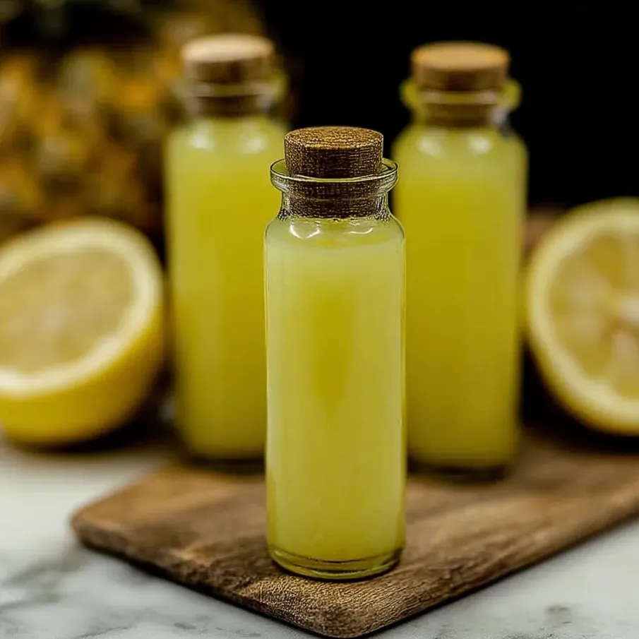 Drei Flaschen mit Ananas-Kokos-Zitrone-Ingwer Wellness-Getränken.