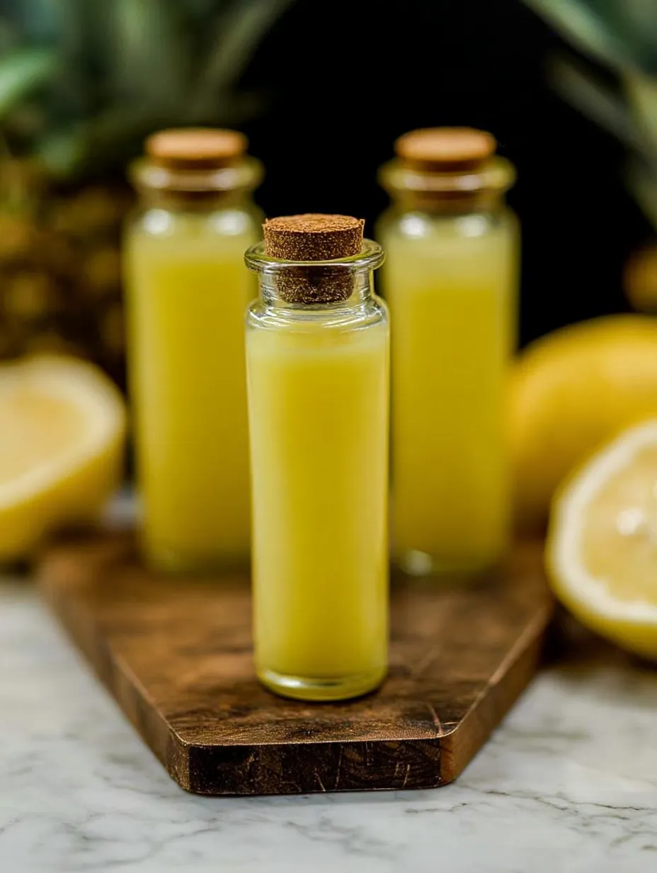 Drei Flaschen Ananas-Kokos-Zitronen-Ingwer-Saft Shots.