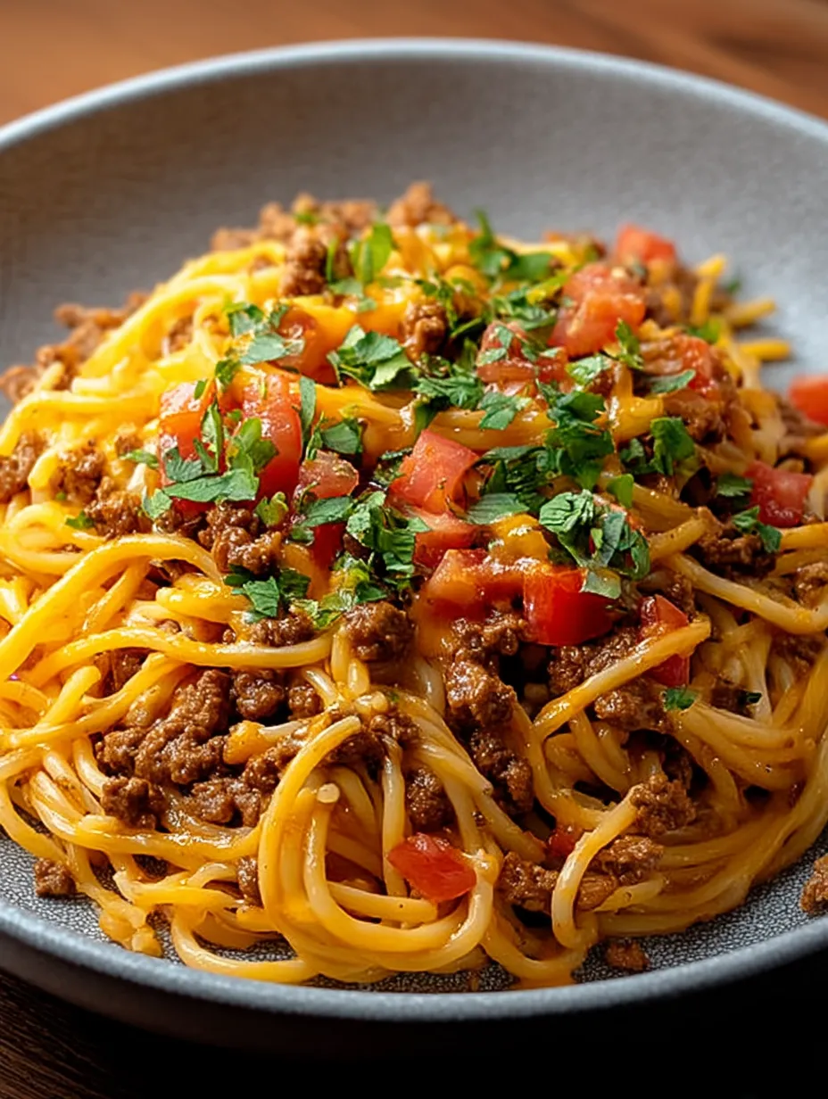 Eine Schüssel Spaghetti mit Fleisch und Tomaten.