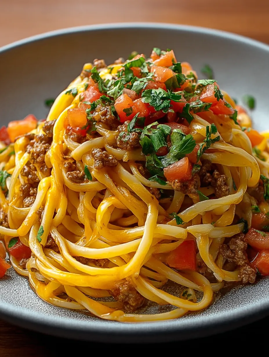 Ein Teller Spaghetti mit Fleisch und Tomaten.