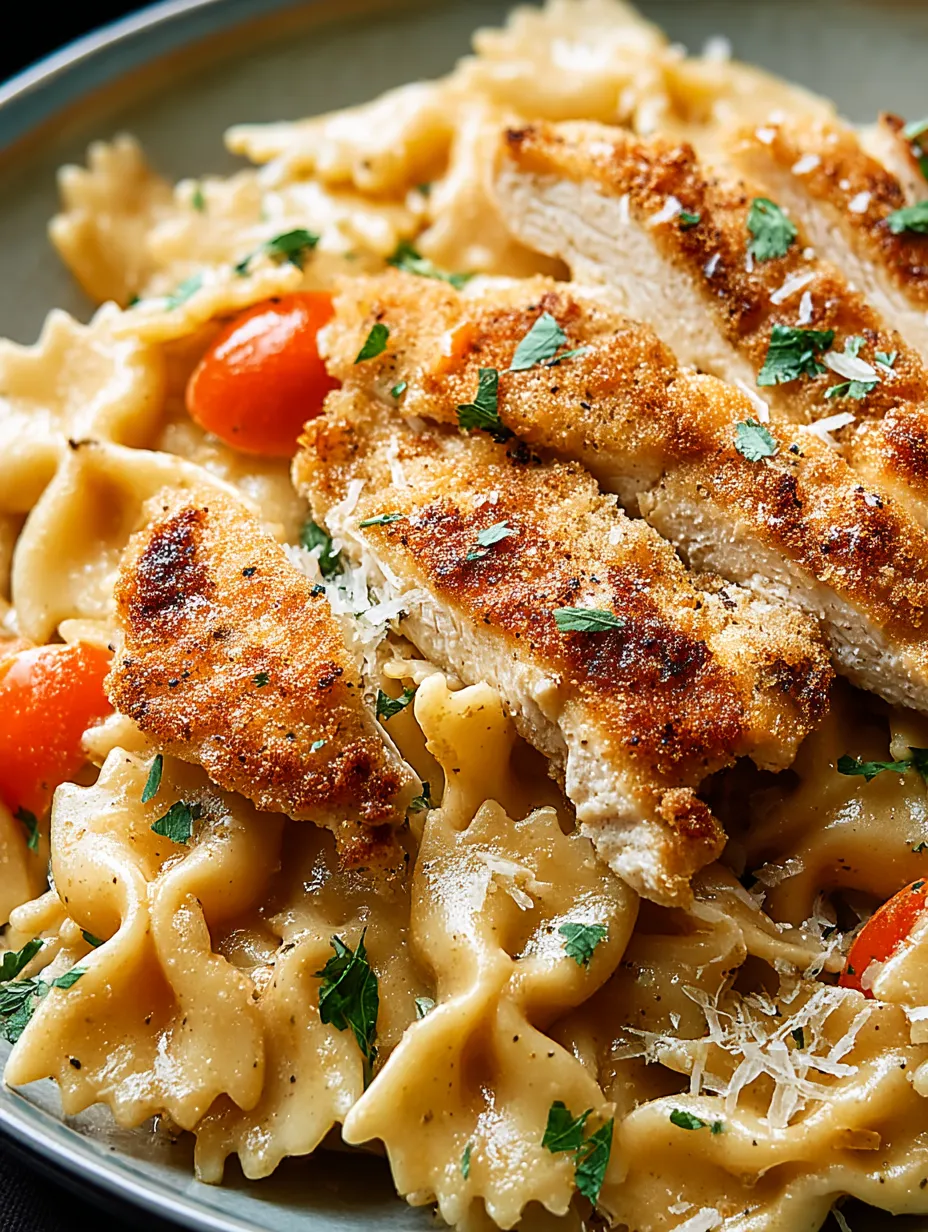 Ein Teller Louisiana-Hähnchenpasta mit Tomaten und Käse.