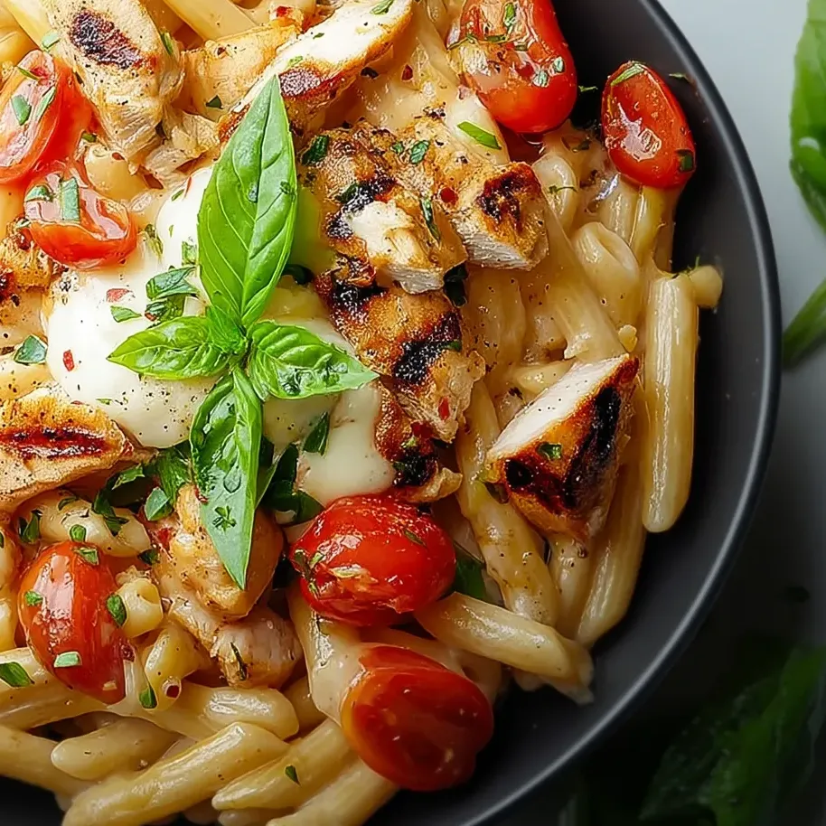Eine Schüssel Huhn Mozzarella Nudeln.
