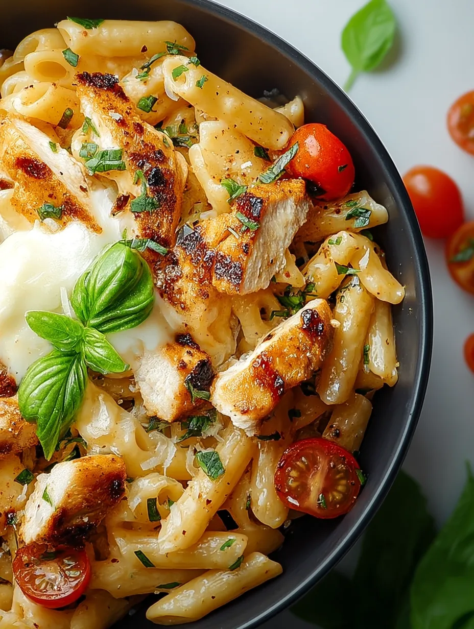 Eine Schüssel mit Hähnchen, Mozzarella und Nudeln Rezept.