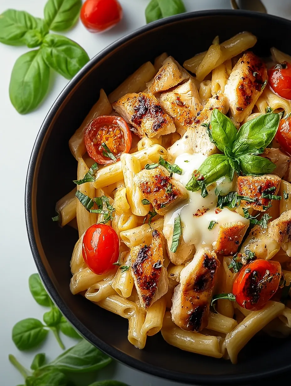 Eine Schüssel mit Hähnchen, Mozzarella und Nudeln.