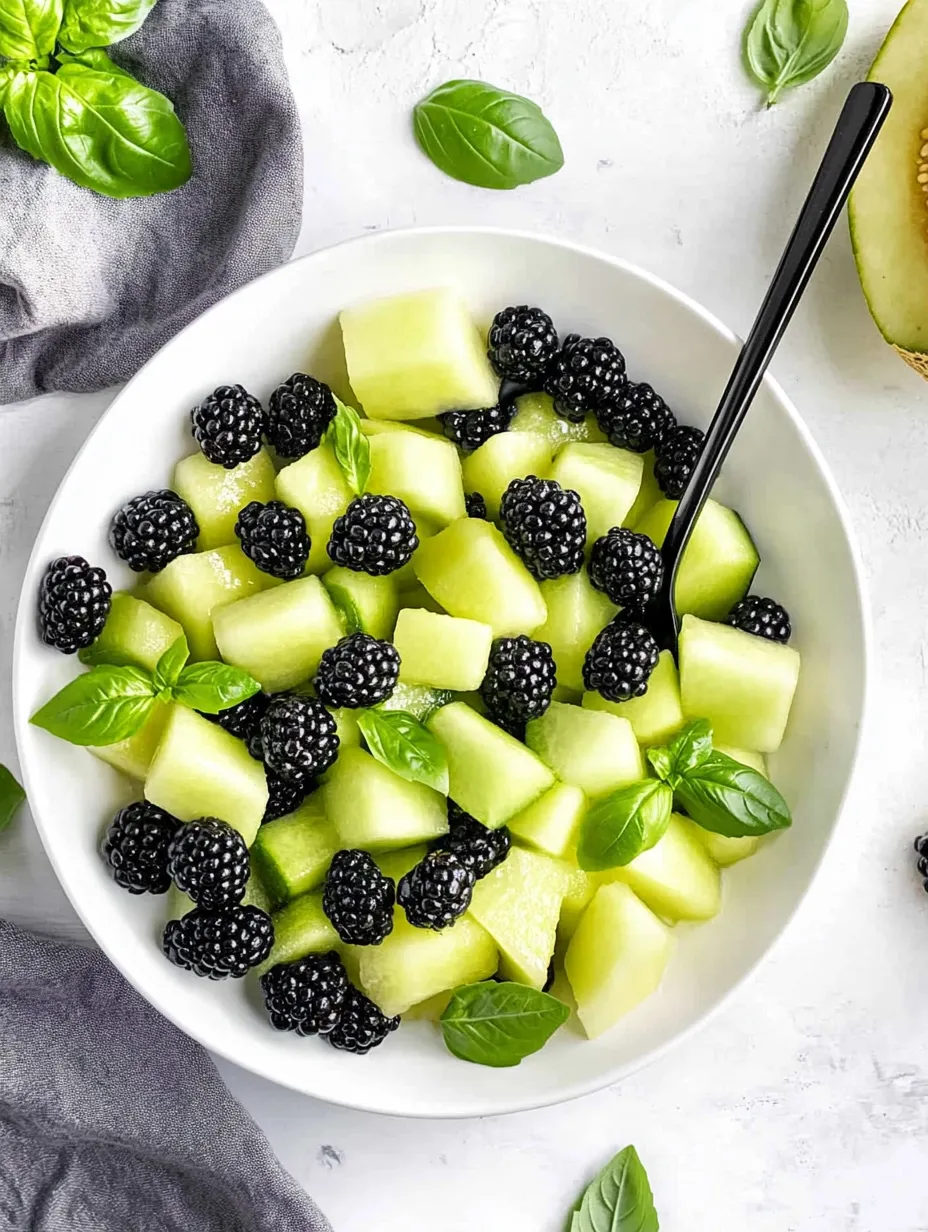 Eine Schüssel mit Brombeeren-Honigmelonen-Basilikum-Salat.