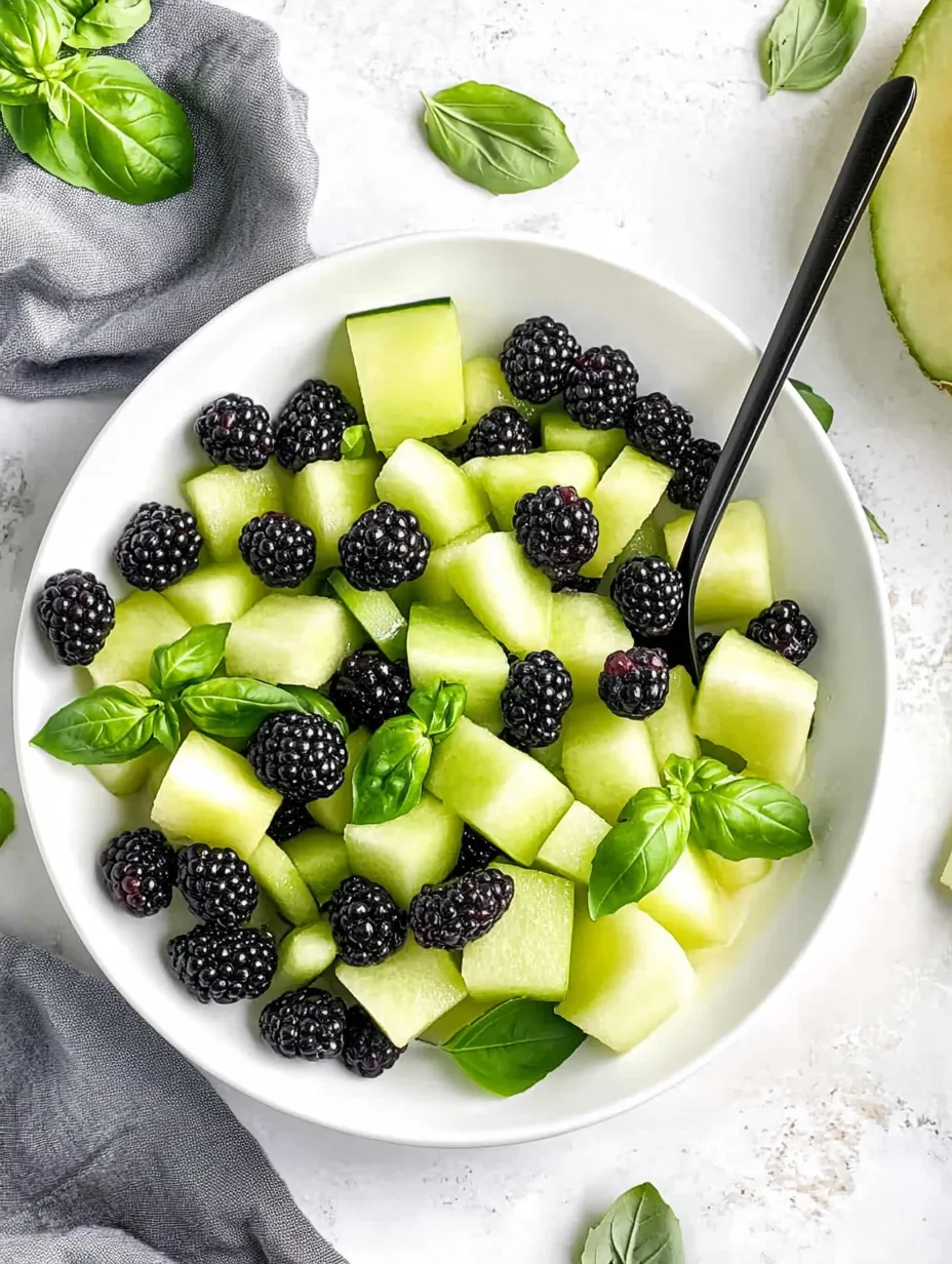 Eine Schüssel mit Brombeeren-Honigmelonen-Basilikum-Salat.