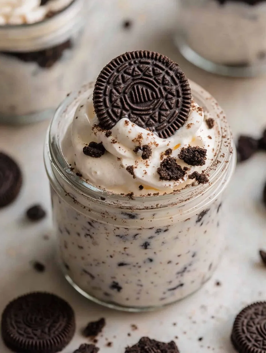 Ein Becher Oreo No-Bake Käsekuchen.