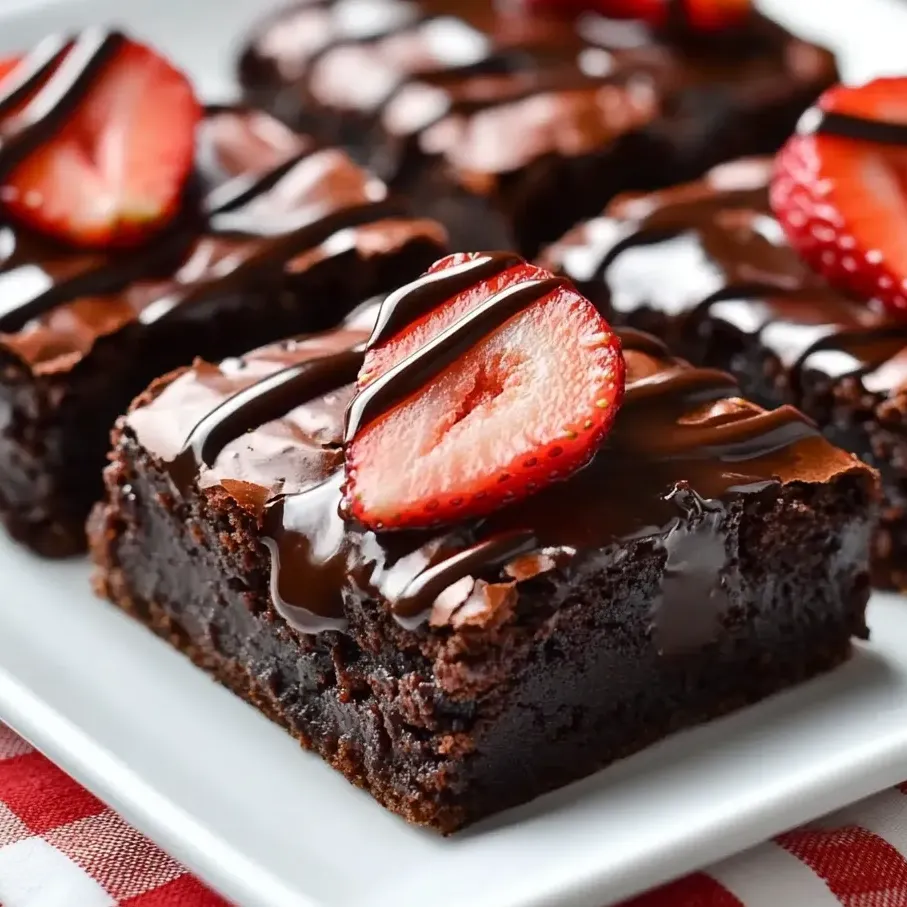 Ein Teller mit Schoko-Erdbeer Brownies.