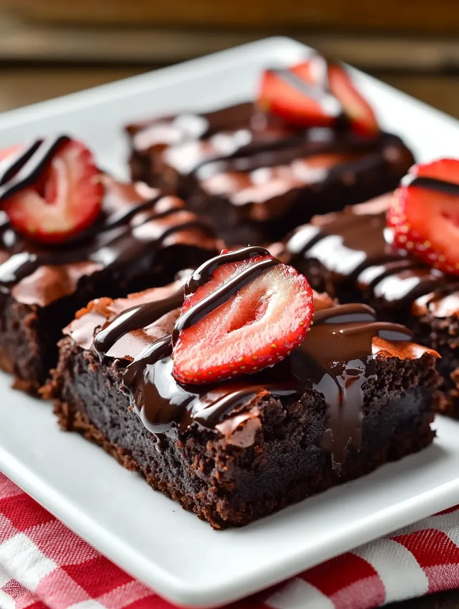 Ein Teller mit Schokoladen-Erdbeer-Brownies.