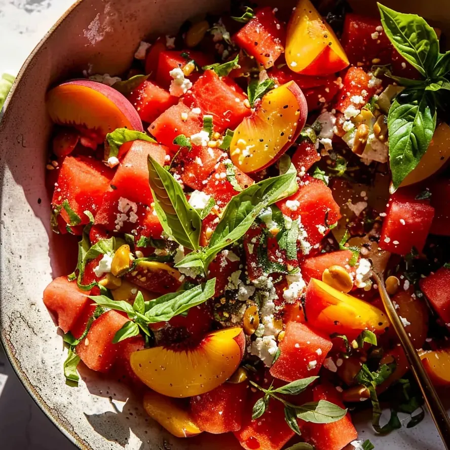 Eine Schüssel mit Wassermelonen-Pfirsich-Salat.