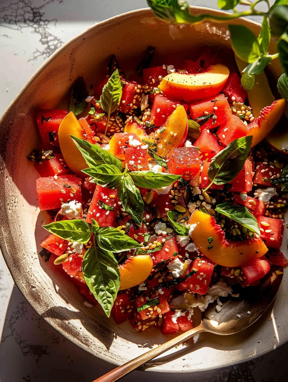 Eine Schüssel mit Wassermelone, Pfirsichen und Minze.