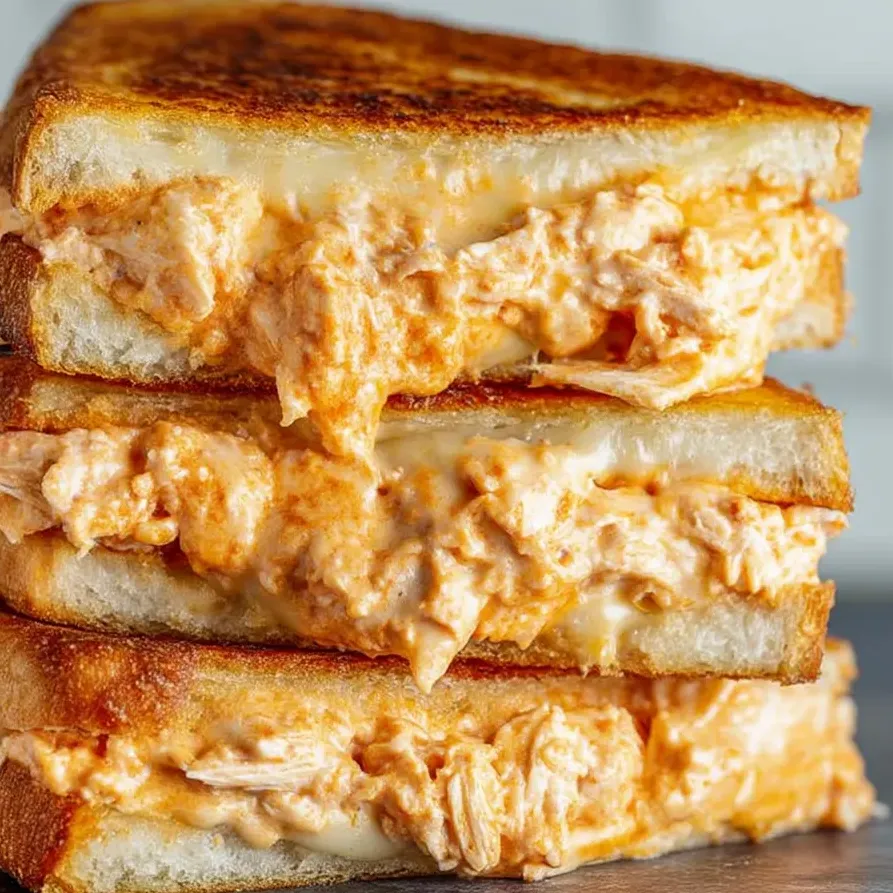 Drei Stücke gegrillter Käse mit Buffelhuhnsauce.