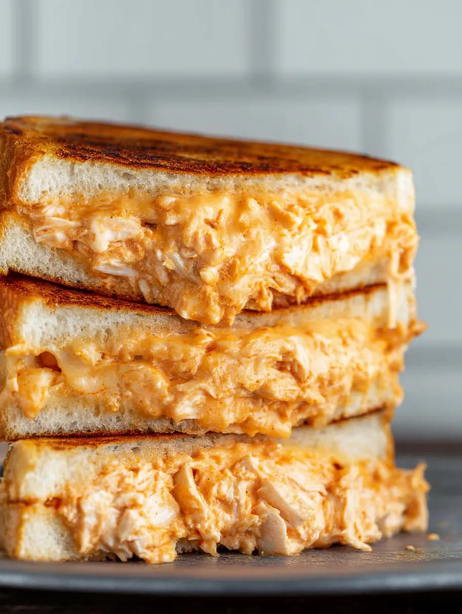 Drei Stücke Käse-Toast mit Buffalo-Hähnchen.