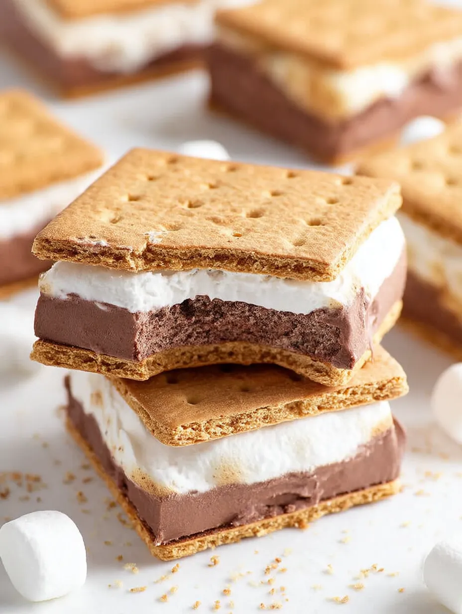 Ein Stapel von drei gefrorenen S'mores Köstlichkeiten.