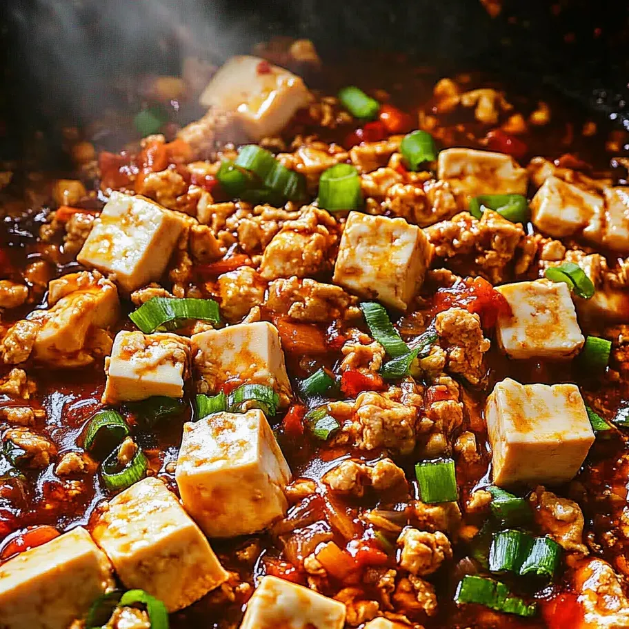 Ein Gericht Mapo Tofu mit Frühlingszwiebeln.