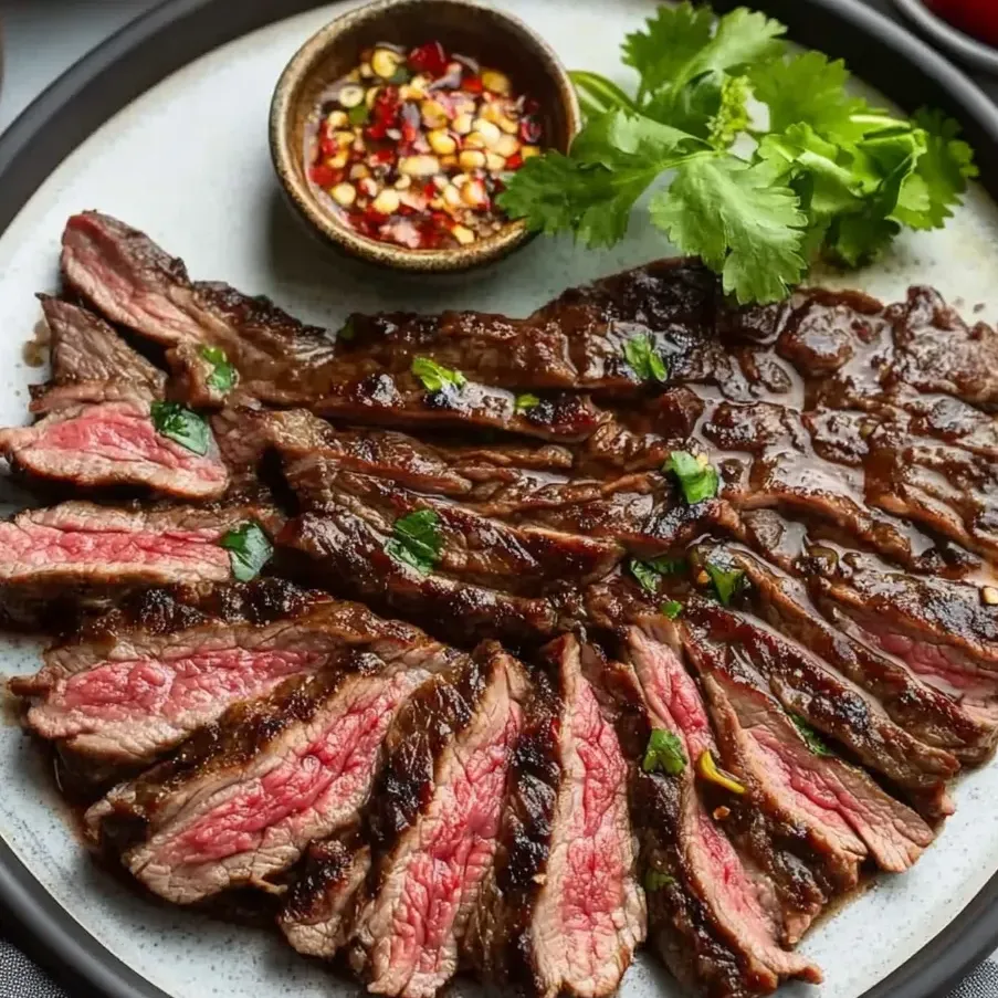 Ein Teller mit geschnittenem Rindfleisch und einer Schüssel Gewürze.