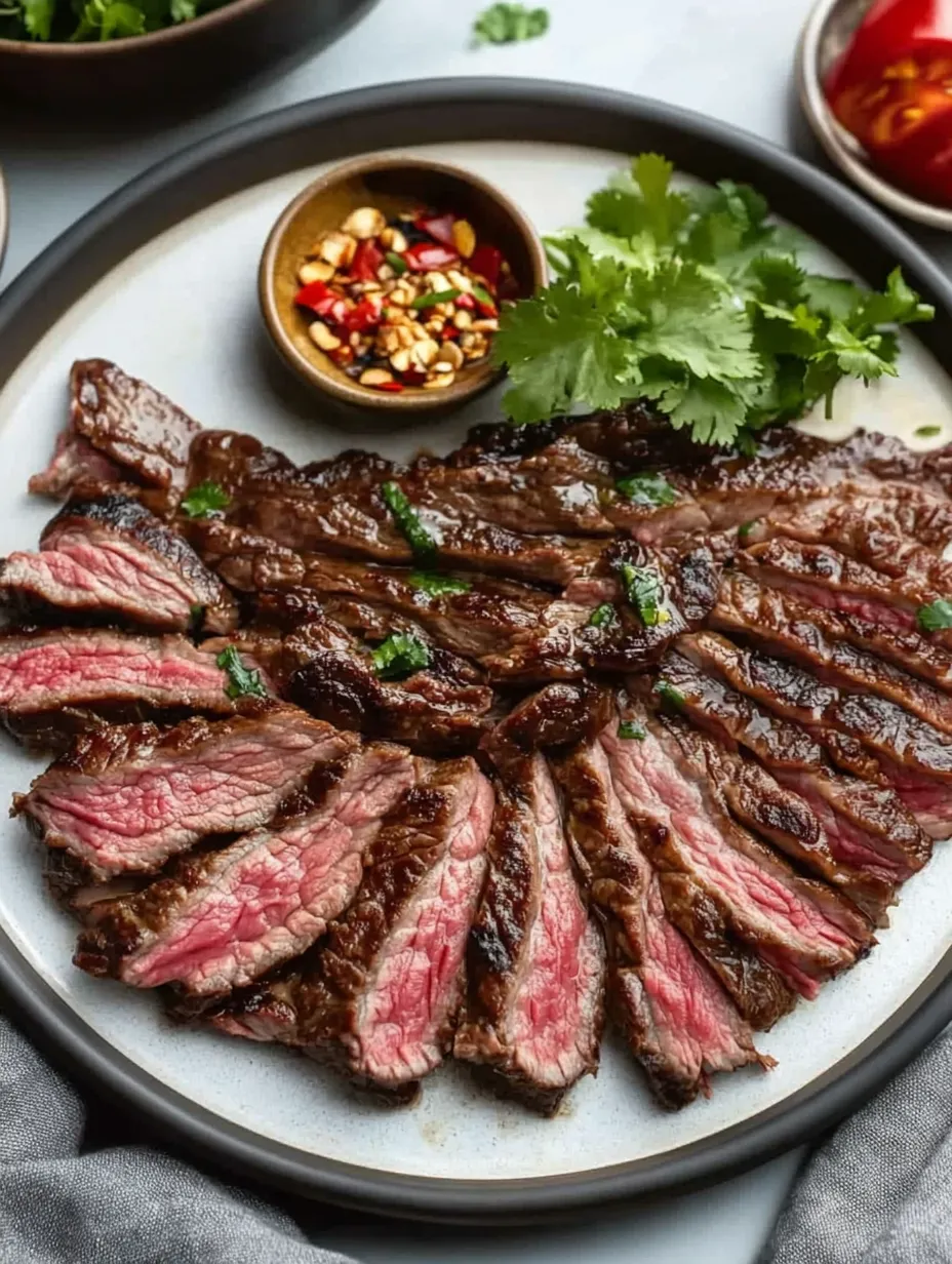 Ein Teller Rindfleisch mit einer Schüssel Paprika und Zwiebeln.