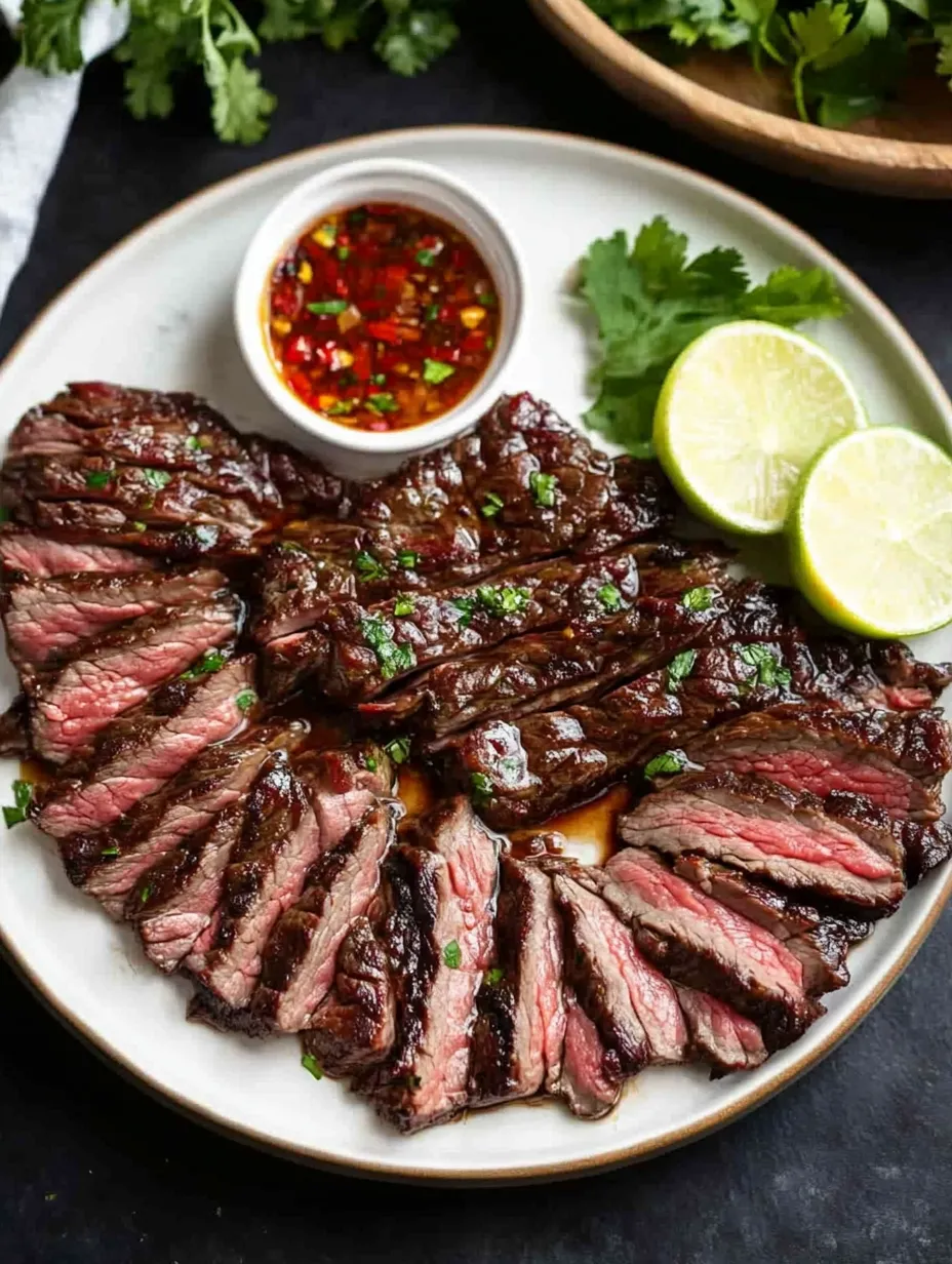 Ein Teller Rindfleisch mit einer Schüssel Sauce.