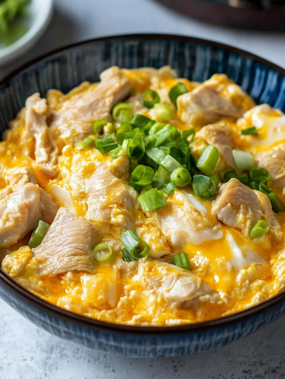 Eine Schüssel Oyakodon, ein japanisches Gericht mit Huhn und Gemüse.