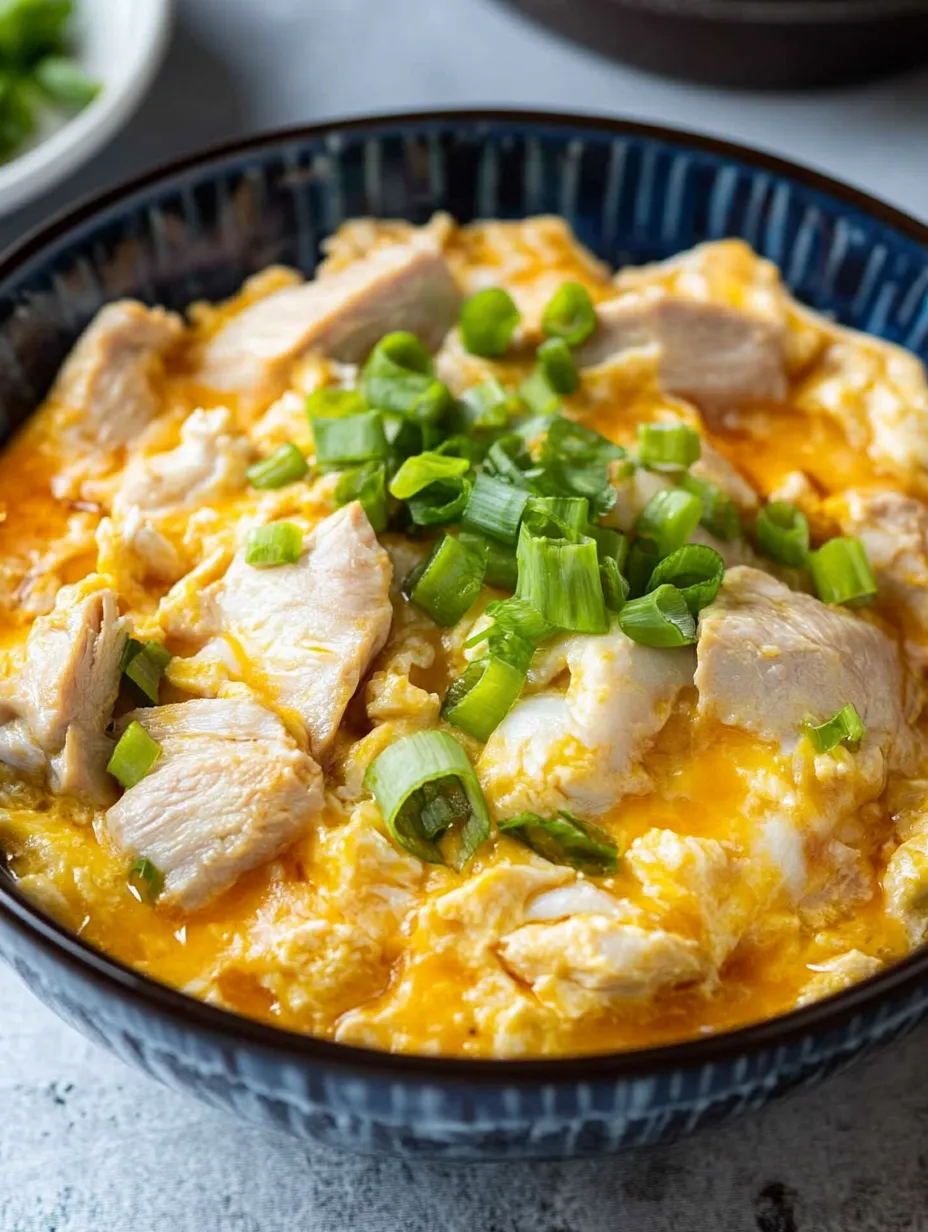 Eine Schüssel Oyakodon, ein japanisches Gericht mit Huhn und Gemüse.