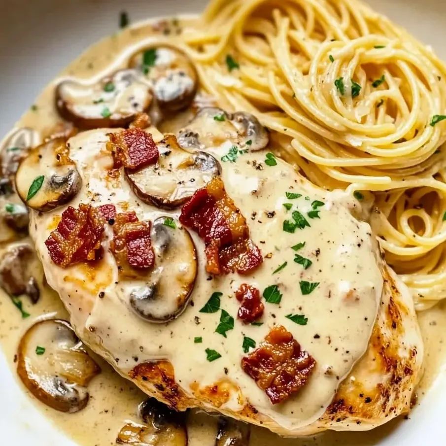 Ein Teller mit Hähnchen, Pilzen und Speck.