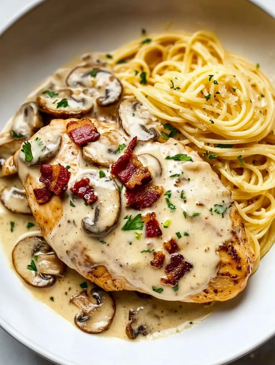 Ein Teller mit Hühnchen, Pilzen und Fleisch Rezept.