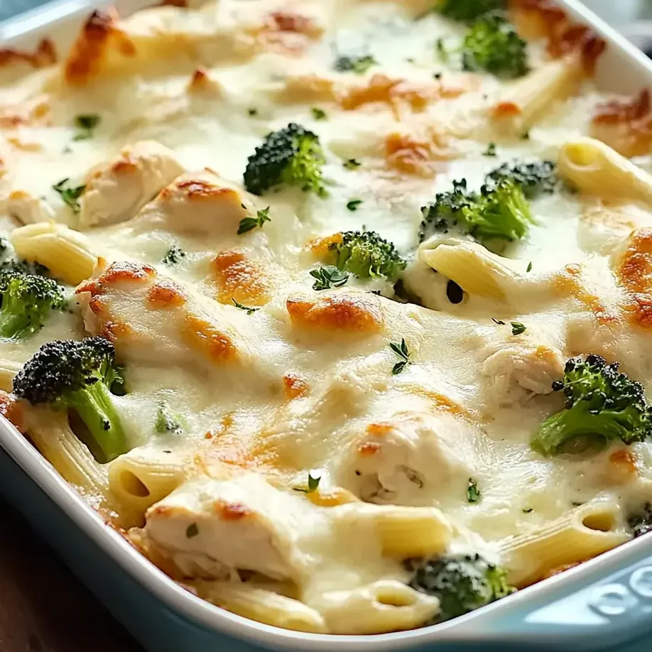 Ein Teller mit Hähnchen-Brokkoli-Alfredo-Auflauf.