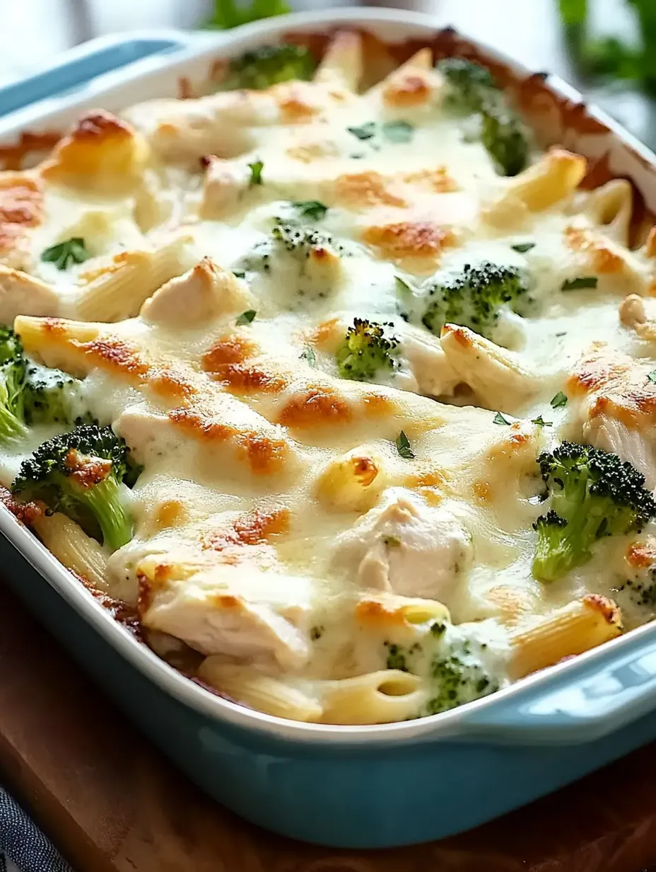 Ein Teller mit Hähnchen-Brokkoli-Alfredo-Auflauf.