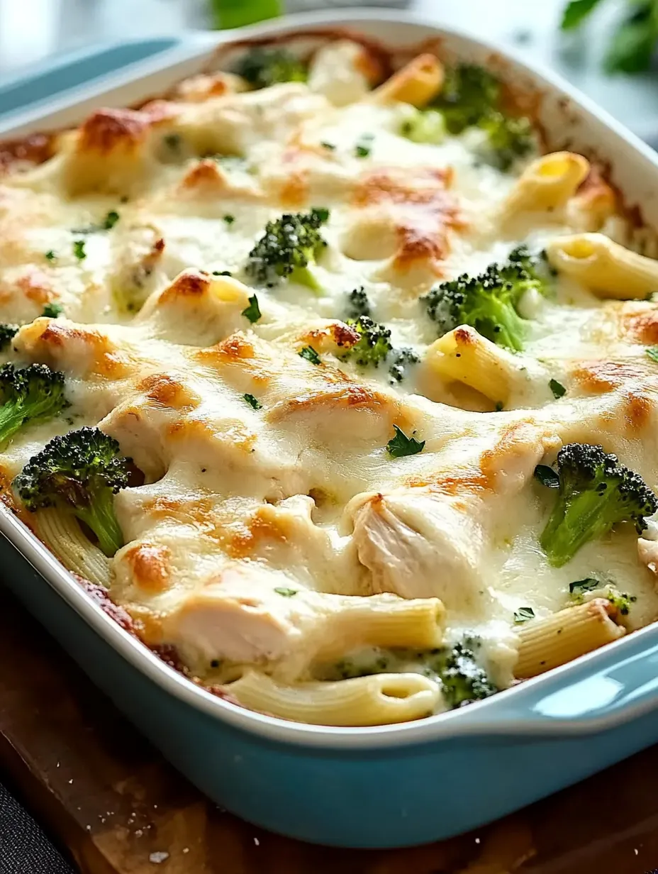 Ein Teller mit Hähnchen-Brokkoli-Alfredo-Auflauf.