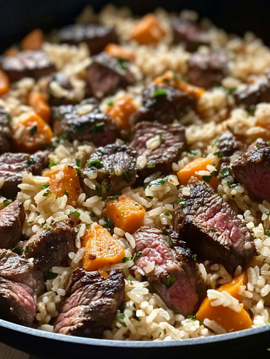 Eine Pfanne mit Reis, Steak und Käse.