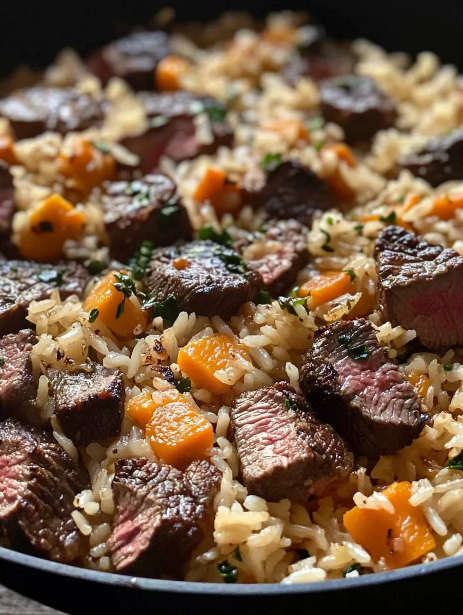 Nahaufnahme einer Pfanne mit Reis, Steak und Käse.