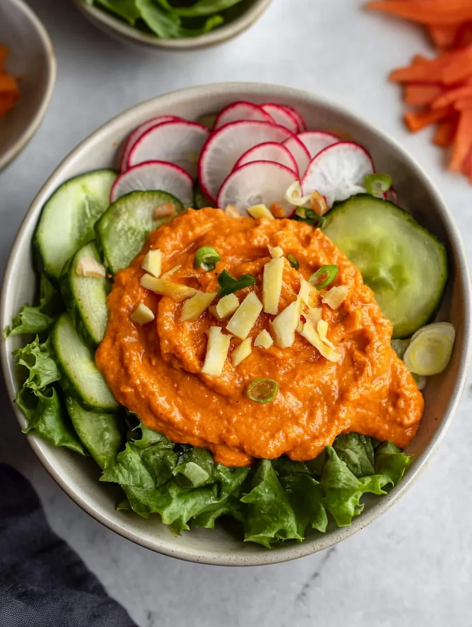 Eine Schüssel mit Essen, einer Gurkenscheibe und einer Karottenscheibe.