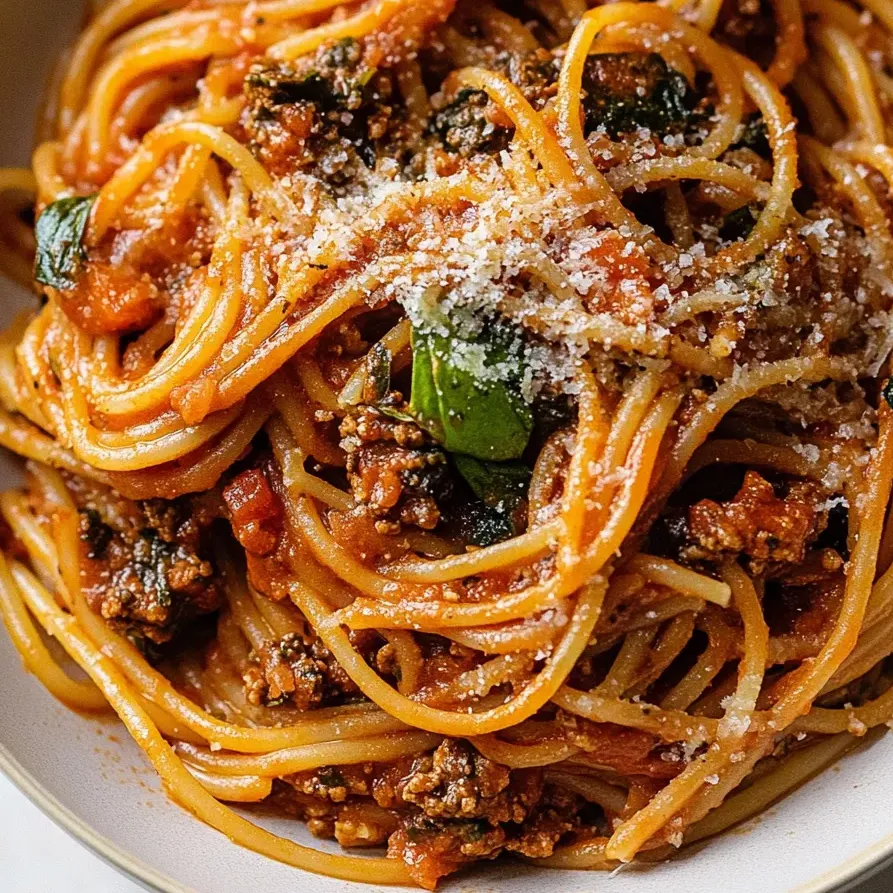 Eine Schüssel Spaghetti mit Fleischsoße und Käse.