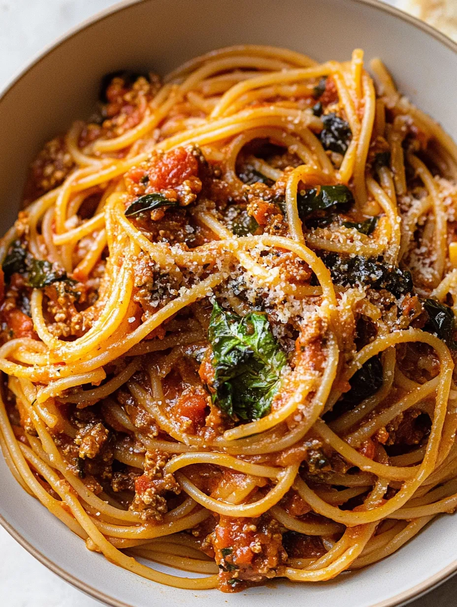 Eine Schüssel Spaghetti mit Tomatensauce und Kräutern.