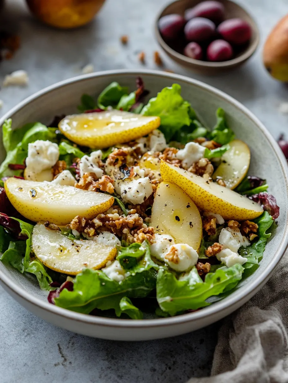 Eine Schüssel Salat mit Birne, Feta und Blattsalat.