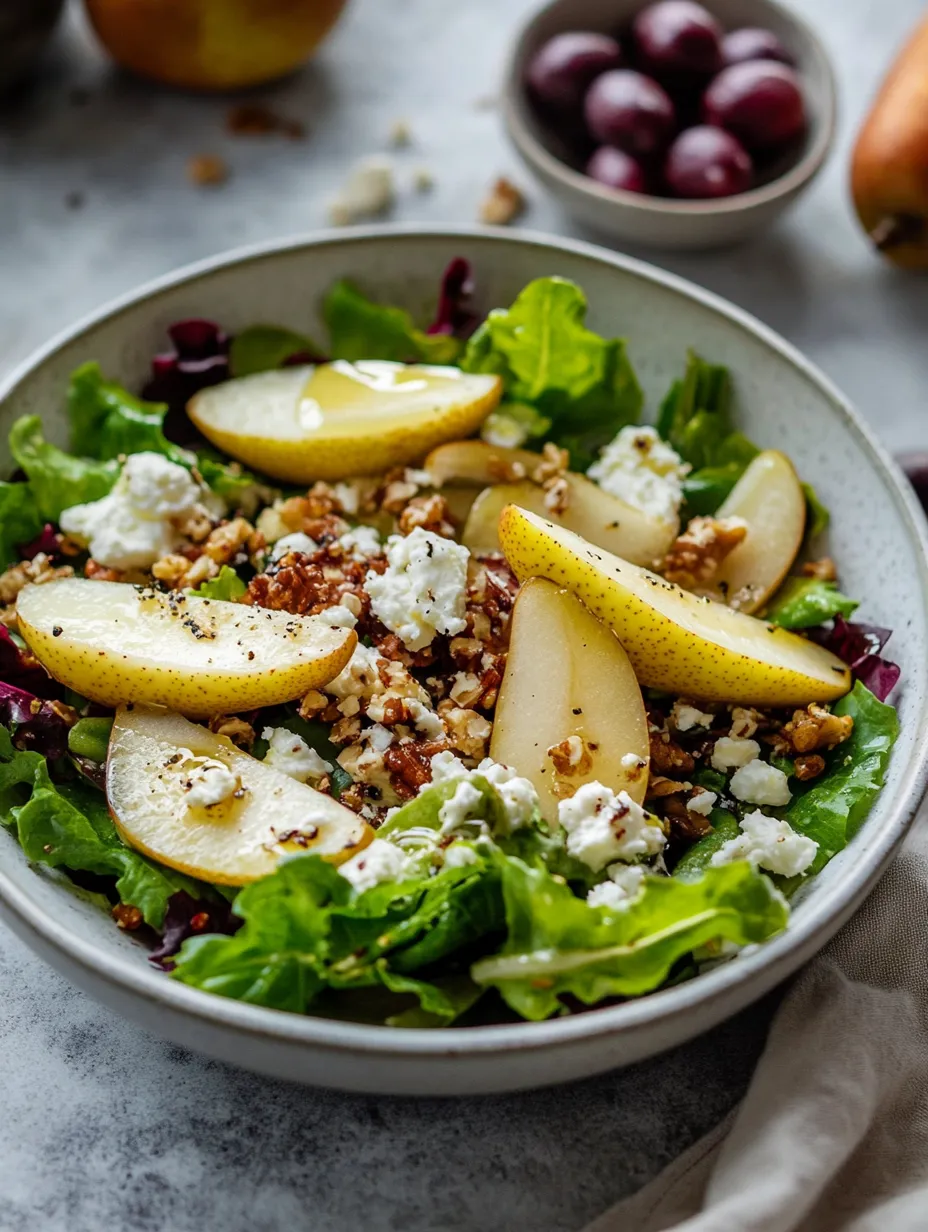 Eine Schüssel Salat mit Birne, Feta und Blattsalat.