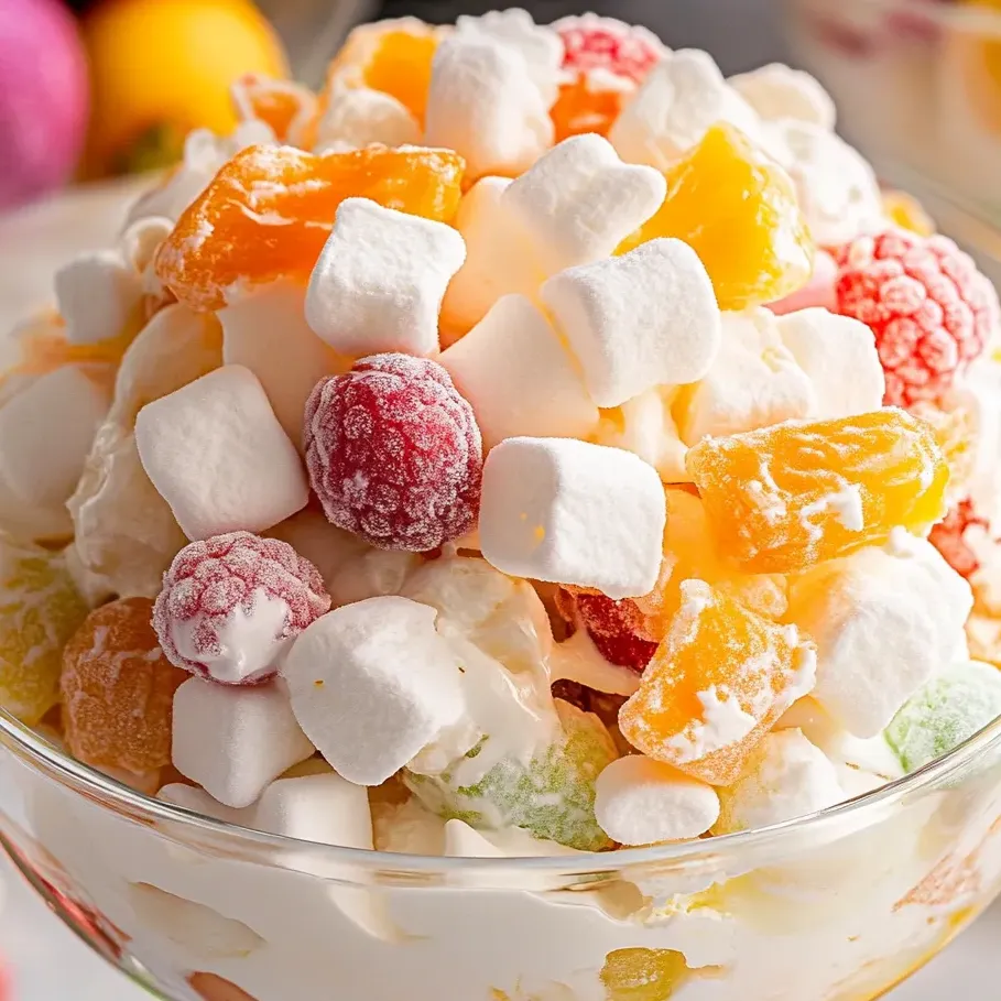Eine Schüssel Obstsalat mit Marshmallows obendrauf.