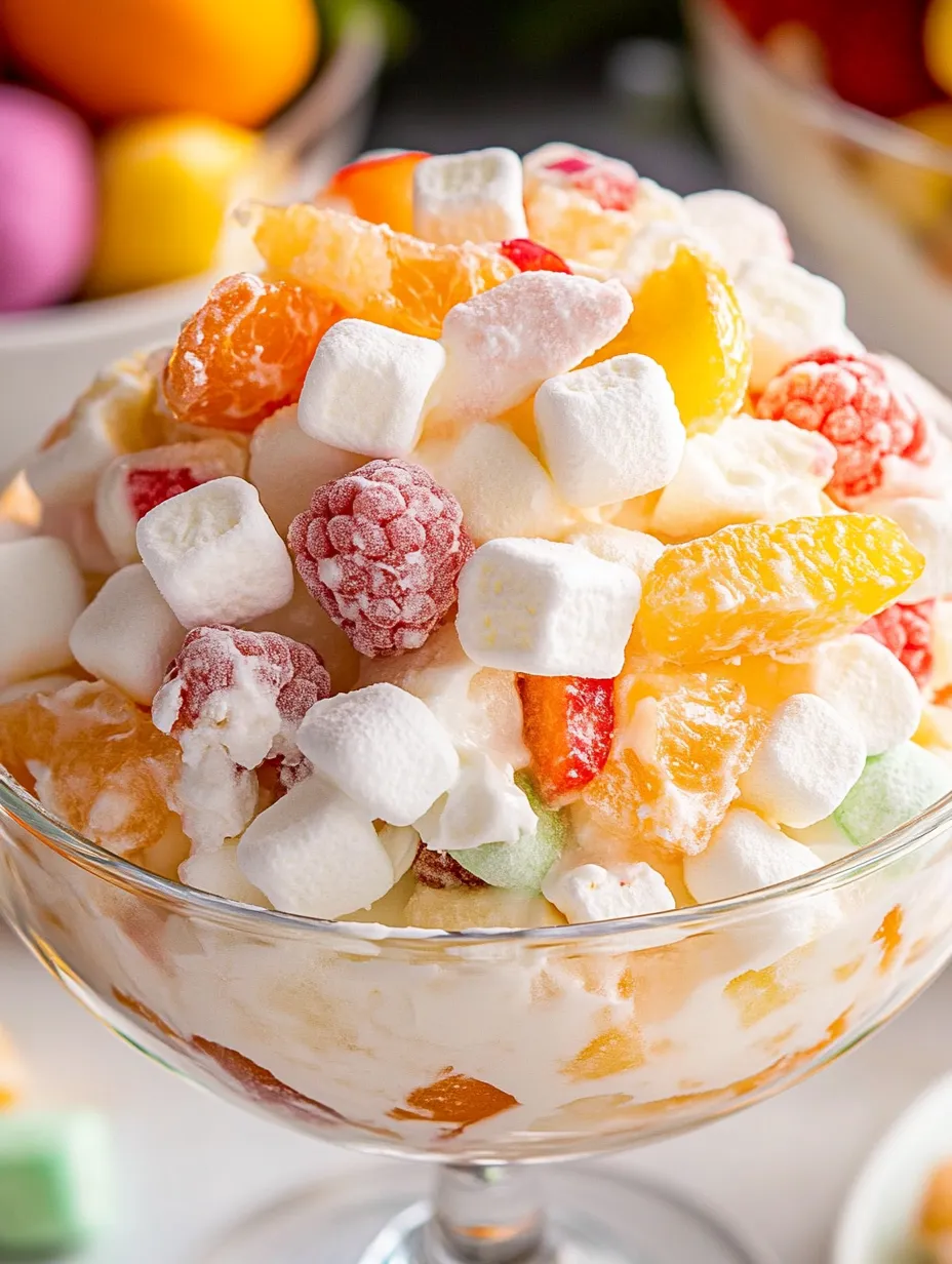 Eine Schüssel Obstsalat mit Marshmallows obendrauf.