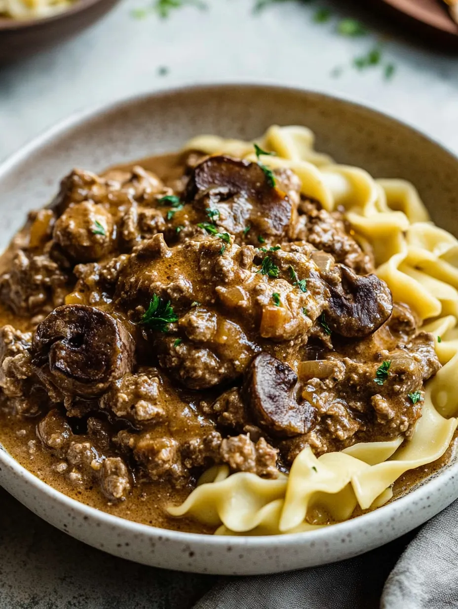 Eine Schüssel mit Hackfleisch-Stroganoff.