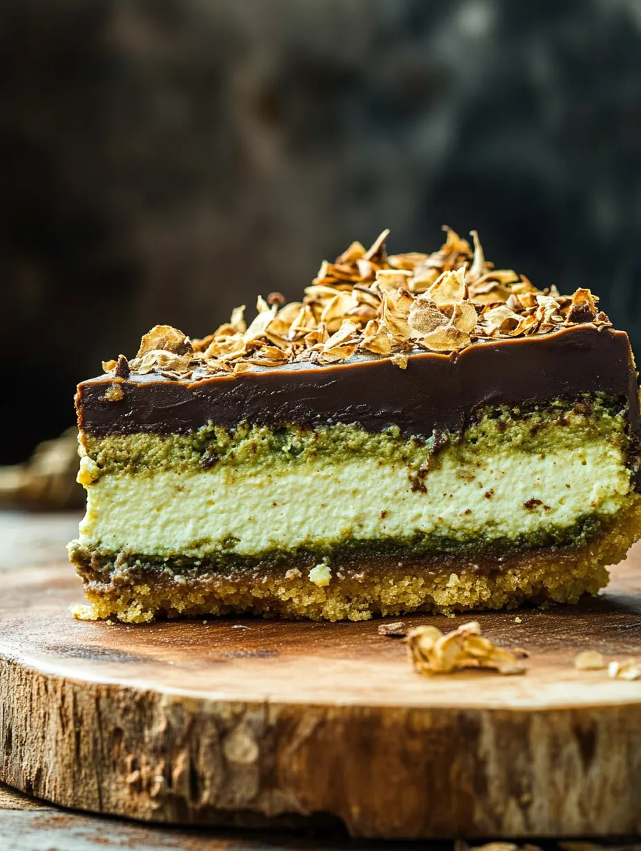Ein Stück Schokoladenkäsekuchen mit krümeliger Garnitur.