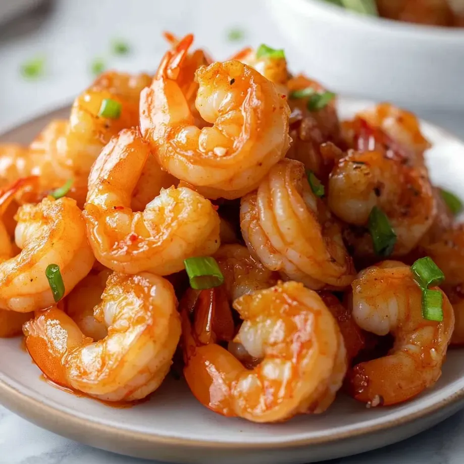 Ein Teller mit Garnelen in würziger Sauce.
