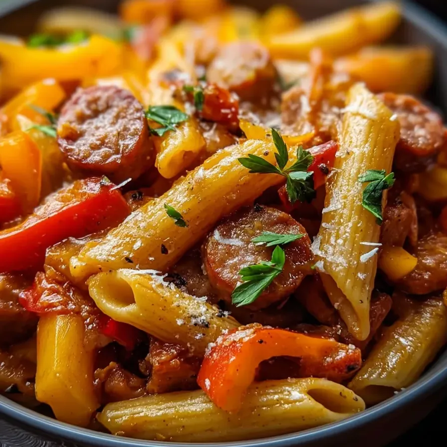 Eine Schüssel Nudeln mit Wurst und Paprika.