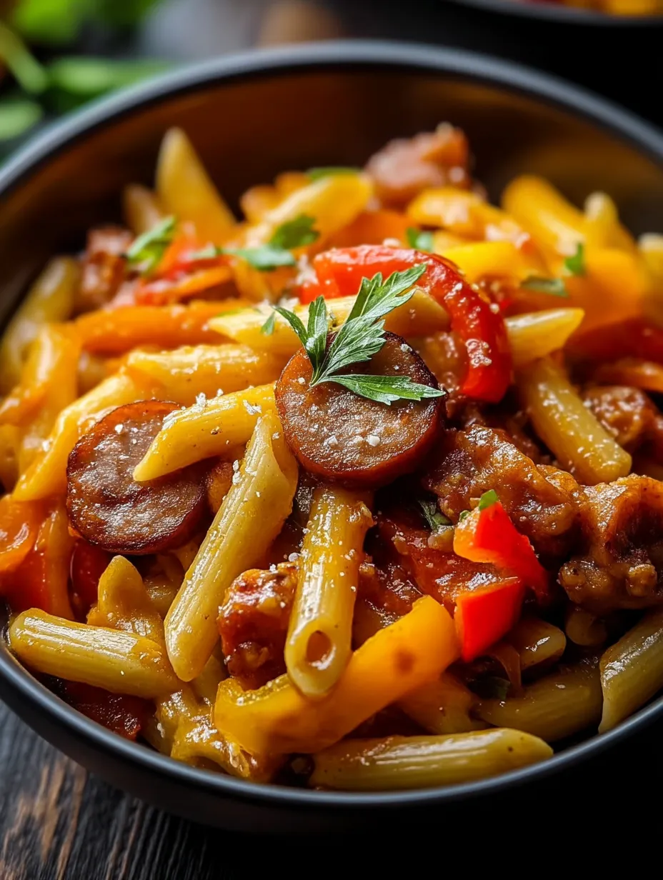 Eine Schüssel Pasta mit Wurst und Paprika.