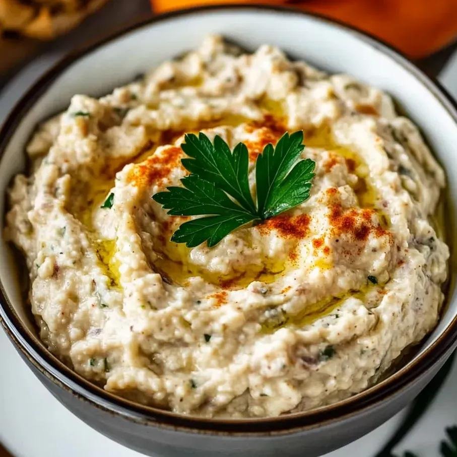 Eine Schüssel Baba Ganoush Dip mit einem grünen Kraut obendrauf.