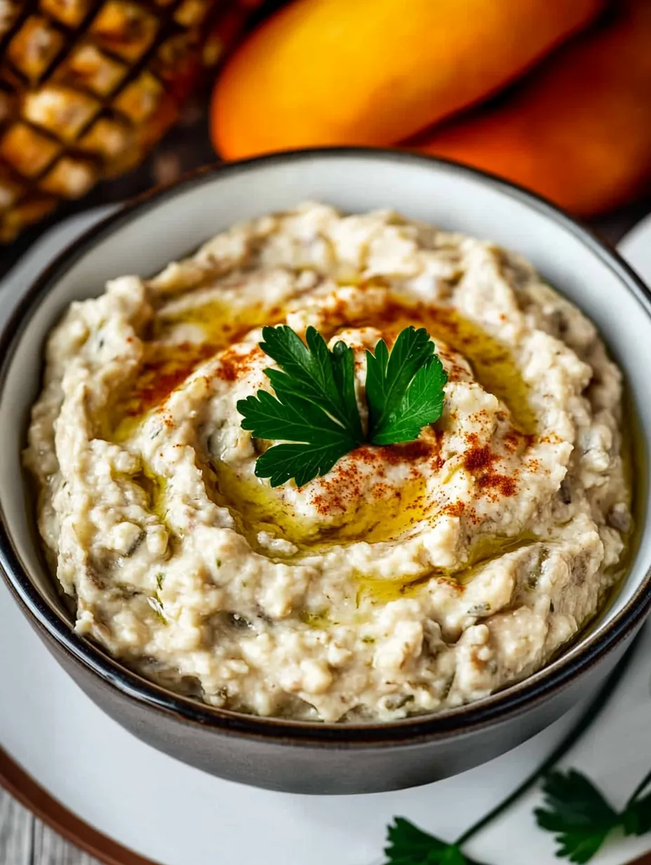 Eine Schüssel Baba Ganoush Dip mit einem grünen Kraut obendrauf.