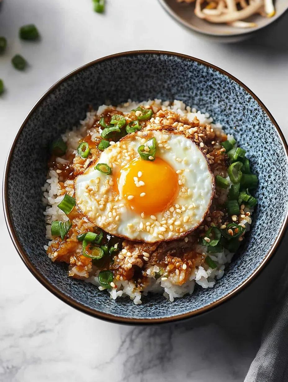 A bowl of rice with an egg on top recipe.