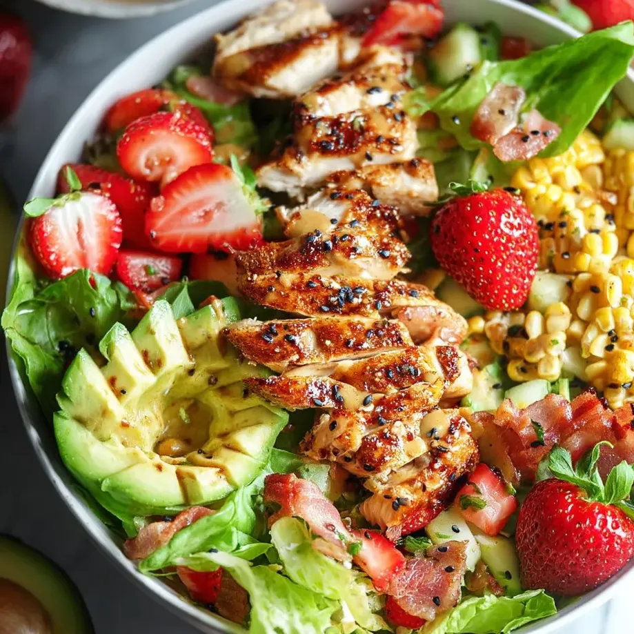 Eine Schüssel Hühnchensalat mit Erdbeeren, Mais und Salat.