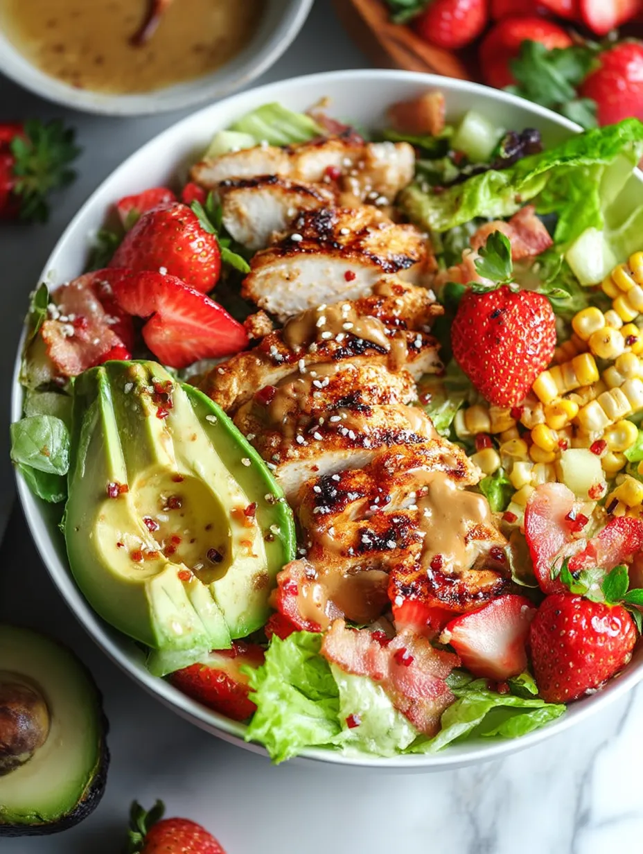 Eine Schüssel Hähnchensalat mit Erdbeeren und Avocado.