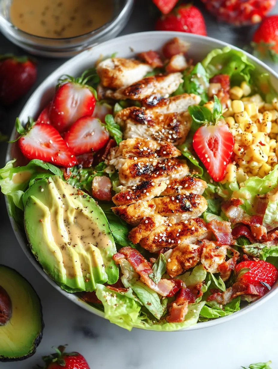 Eine Schüssel Hähnchensalat mit Salat, Erdbeeren und Mais.