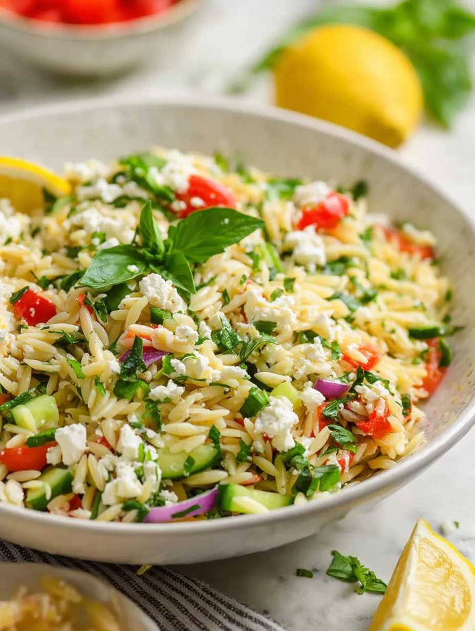Eine Schüssel Nudelsalat mit Feta-Käse und Zitrone.